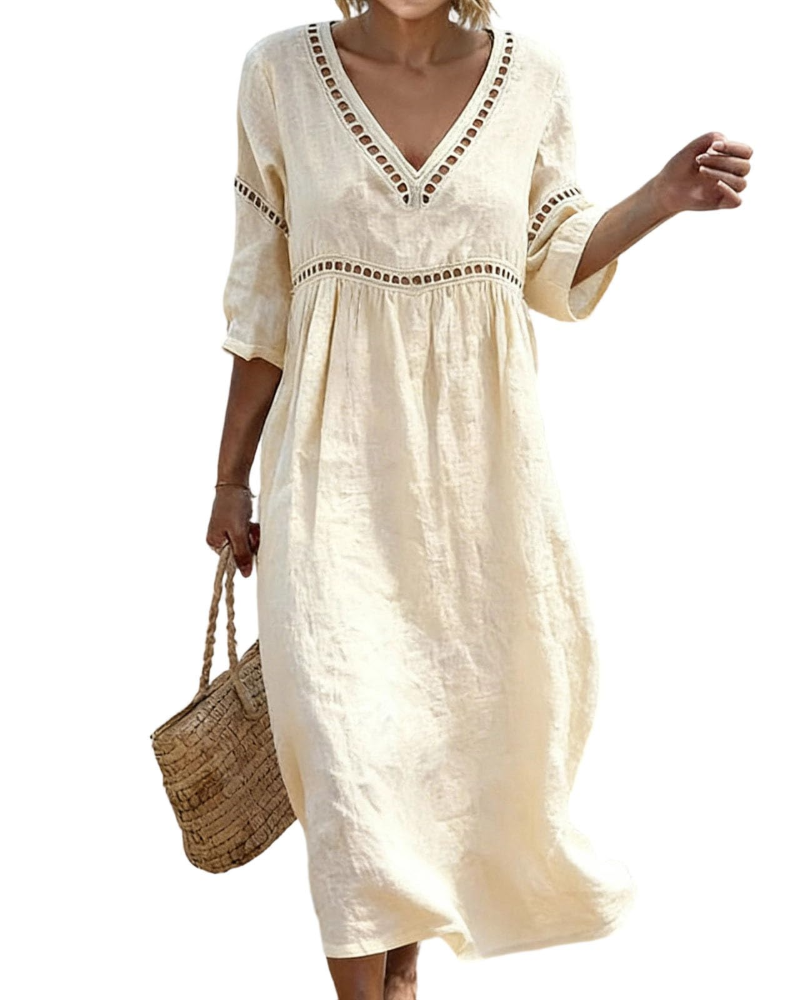 Rosalie Abito Lungo Cotone Lino Donna – Scollo a V Maniche 3/4 Stile Bohemien