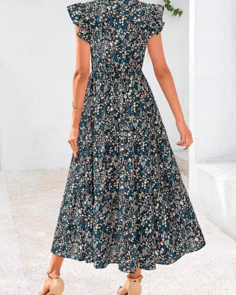 Vestito Midi Donna Olivia a Fiori – Scollo a V Bohemien con Volant e Tasche