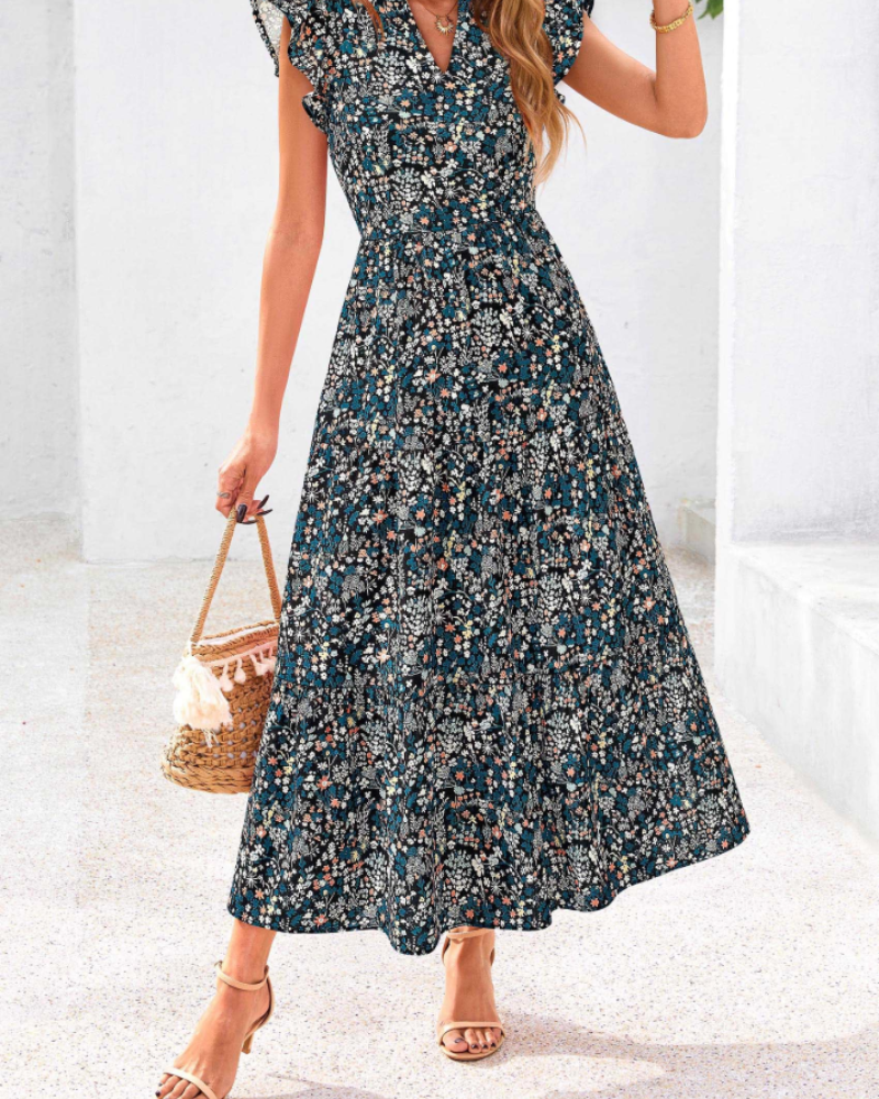 Vestito Midi Donna Olivia a Fiori – Scollo a V Bohemien con Volant e Tasche