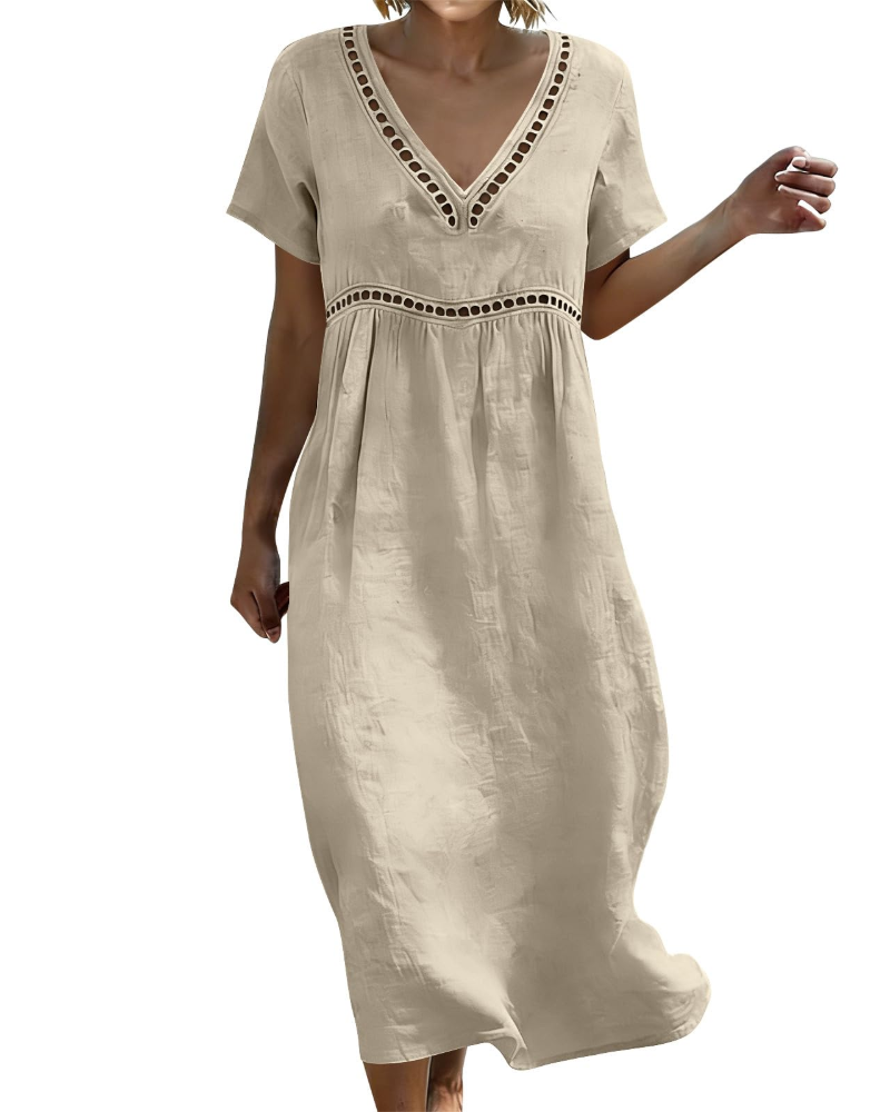 Rosalie Abito Lungo Cotone Lino Donna – Scollo a V Maniche 3/4 Stile Bohemien