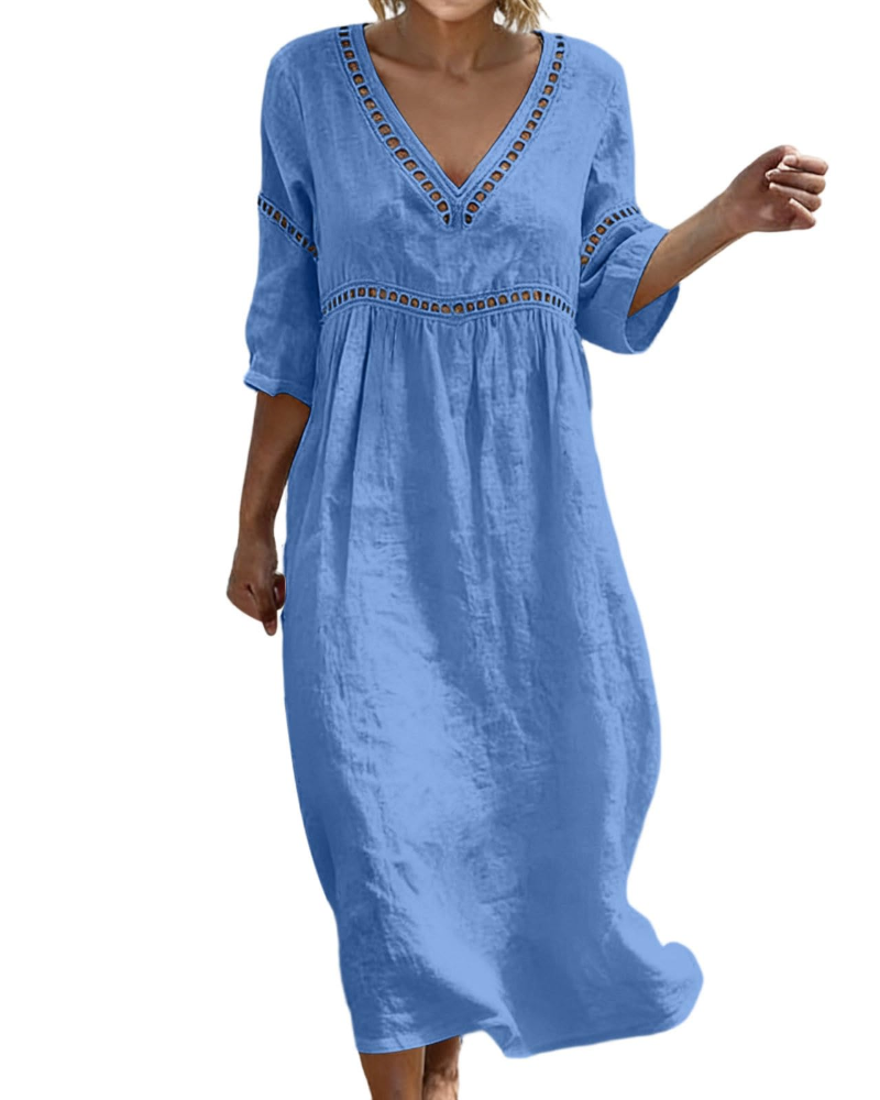 Rosalie Abito Lungo Cotone Lino Donna – Scollo a V Maniche 3/4 Stile Bohemien