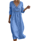 Rosalie Abito Lungo Cotone Lino Donna – Scollo a V Maniche 3/4 Stile Bohemien