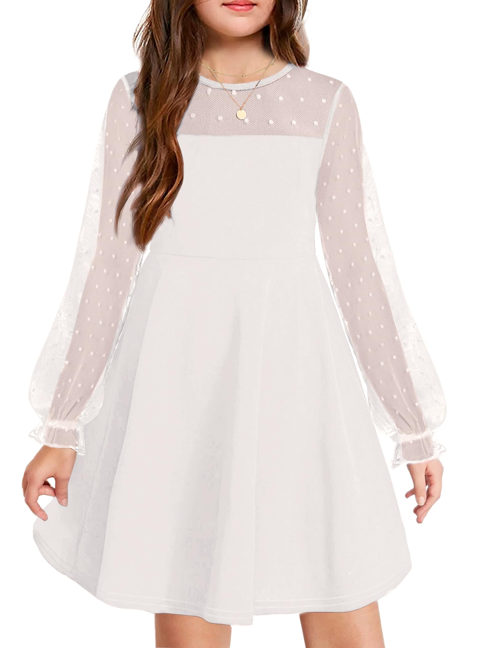 Vestito Aishi per Ragazza – Maniche Lunghe in Mesh, Taglio A-Line e Vita Alta con Tasche