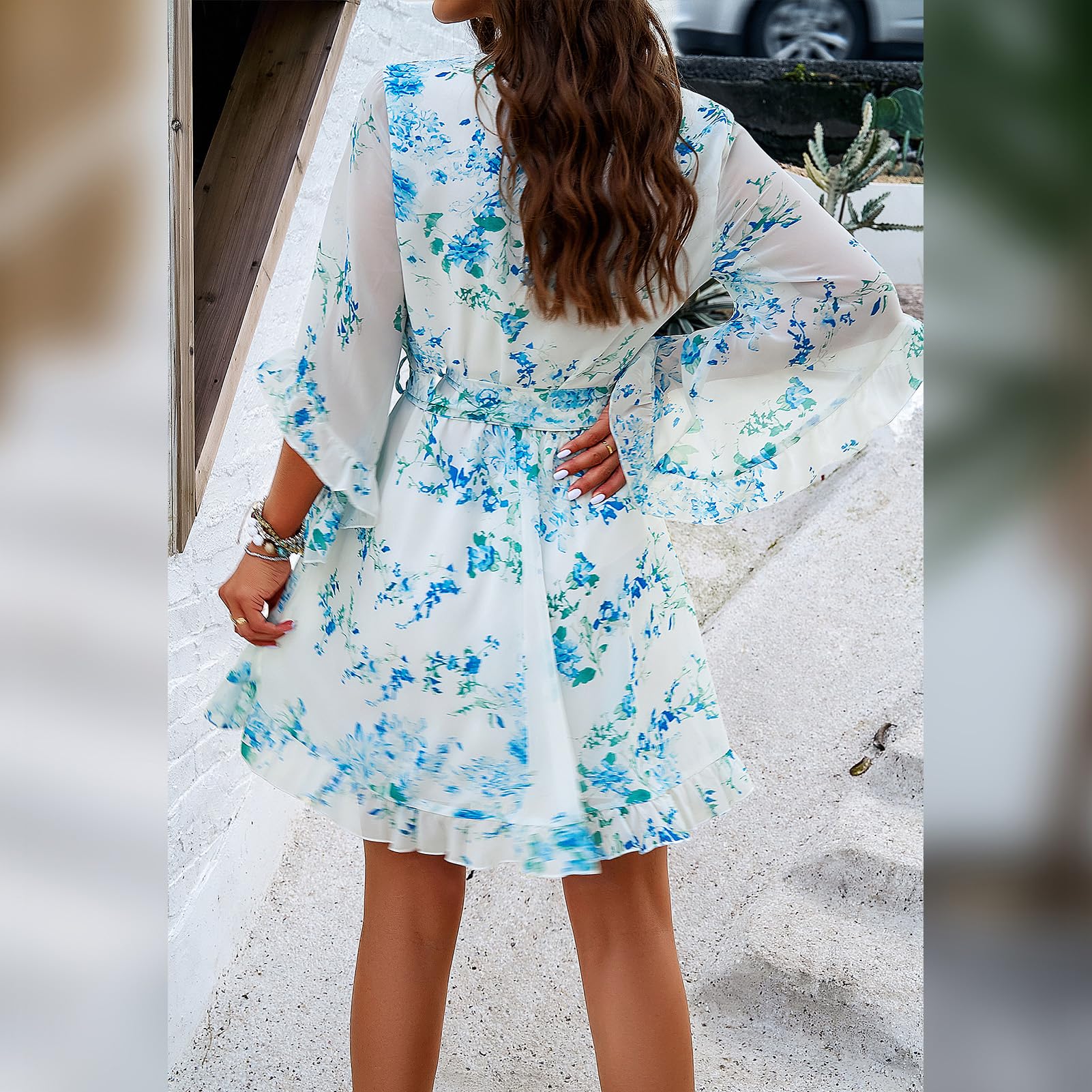 Vestaglia Odessa Donna – Incrocio a V Floreale, Maniche a Campana &amp; Mini in Mussola Elegante