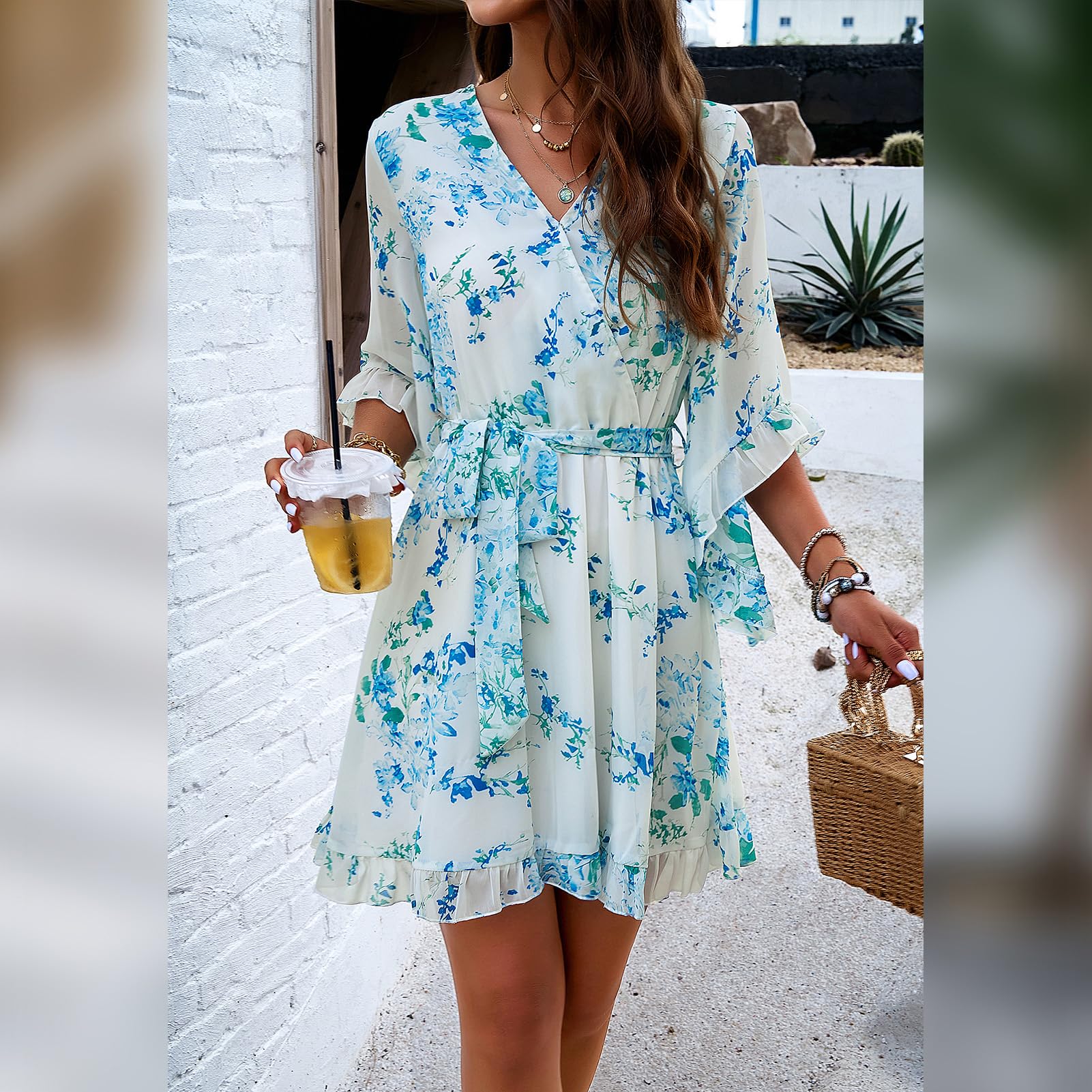 Vestaglia Odessa Donna – Incrocio a V Floreale, Maniche a Campana &amp; Mini in Mussola Elegante
