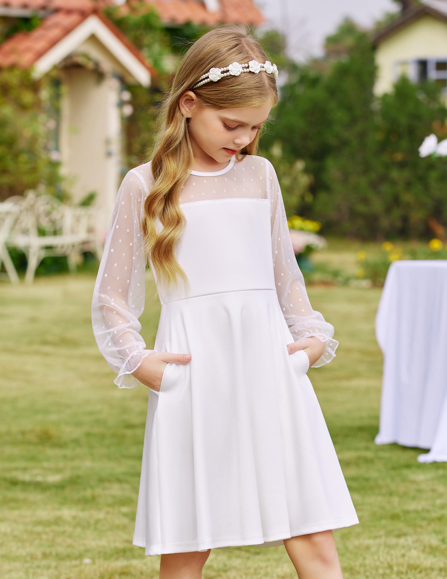 Vestito Aishi per Ragazza – Maniche Lunghe in Mesh, Taglio A-Line e Vita Alta con Tasche