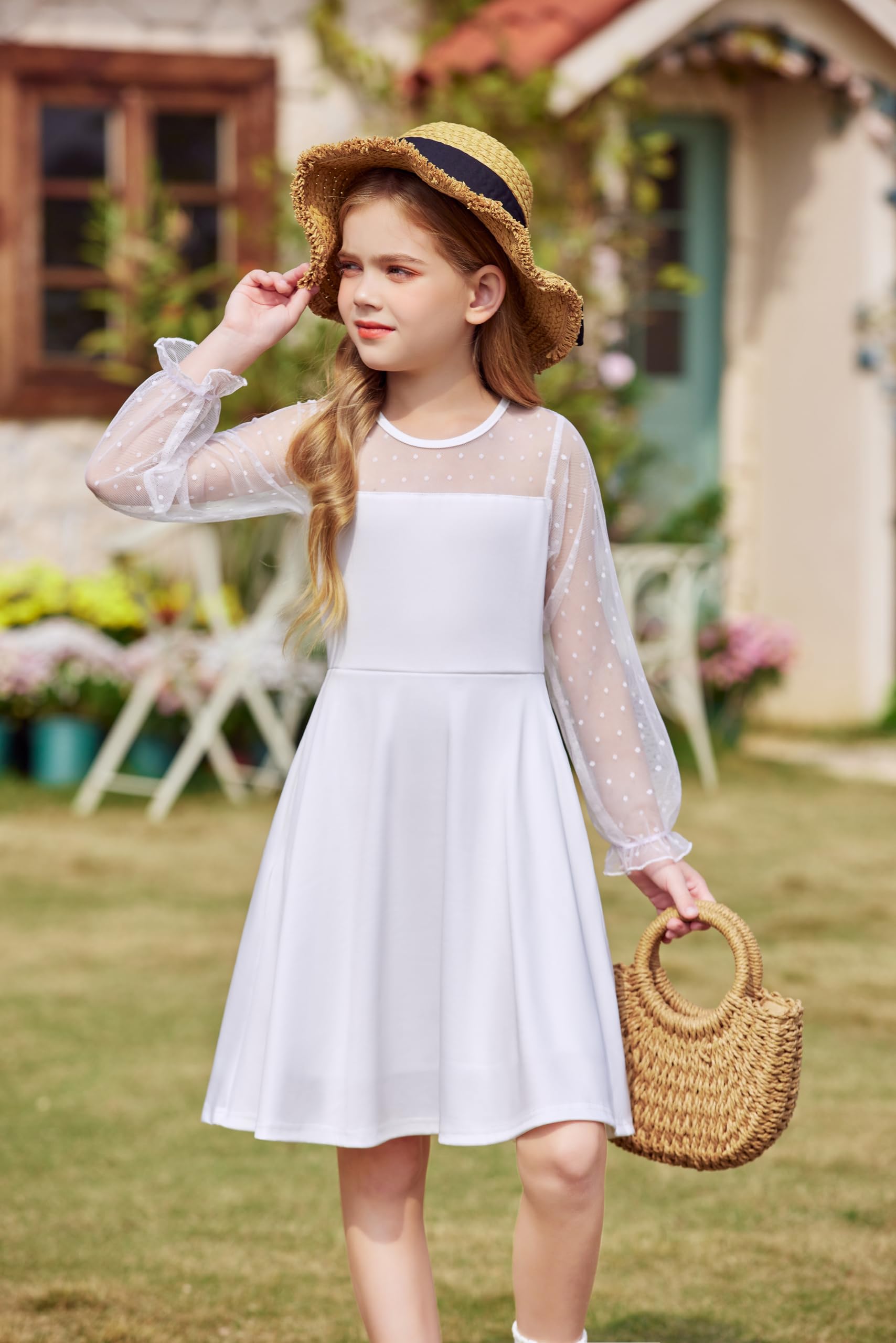 Vestito Aishi per Ragazza – Maniche Lunghe in Mesh, Taglio A-Line e Vita Alta con Tasche