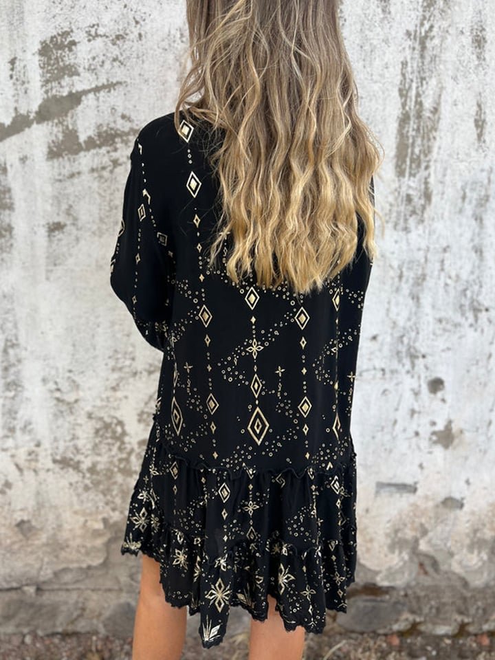 Willow | Vestito midi boho a balze con scollo a V da donna con dettagli dorati