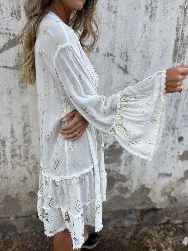 Willow | Vestito midi boho a balze con scollo a V da donna con dettagli dorati