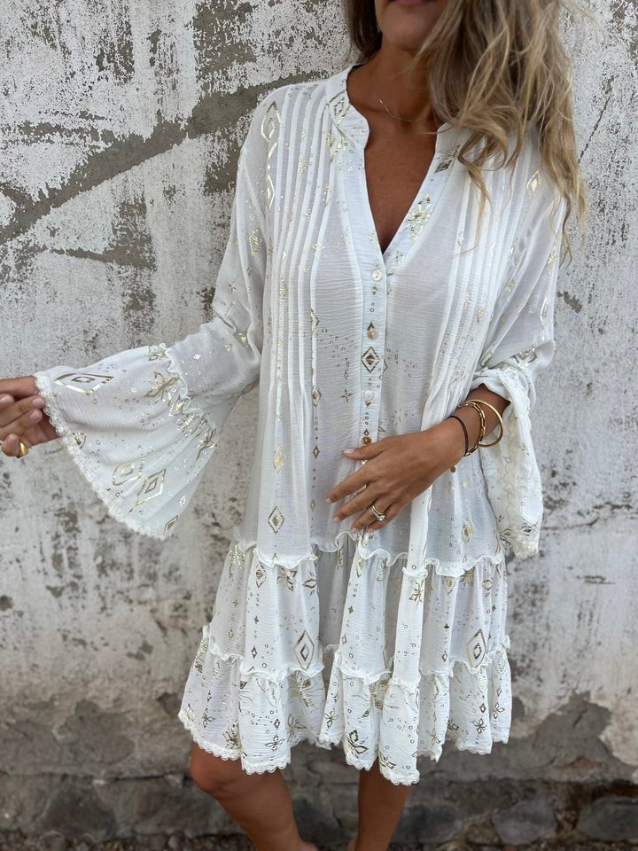 Willow | Vestito midi boho a balze con scollo a V da donna con dettagli dorati
