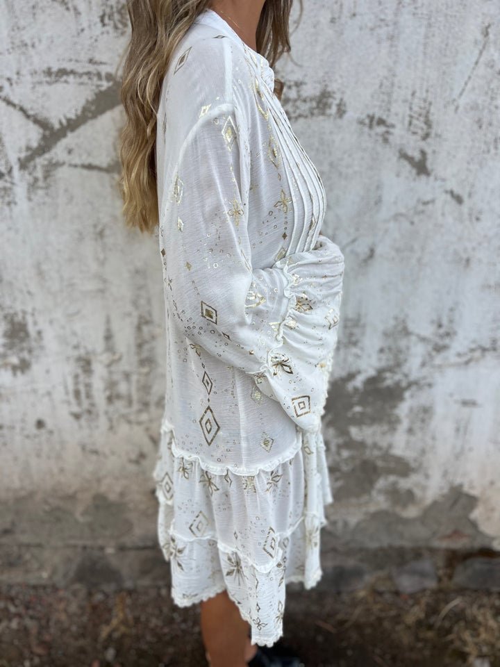 Willow | Vestito midi boho a balze con scollo a V da donna con dettagli dorati