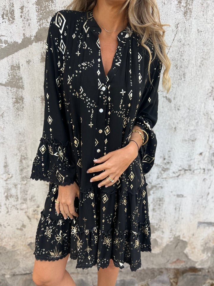 Willow | Vestito midi boho a balze con scollo a V da donna con dettagli dorati
