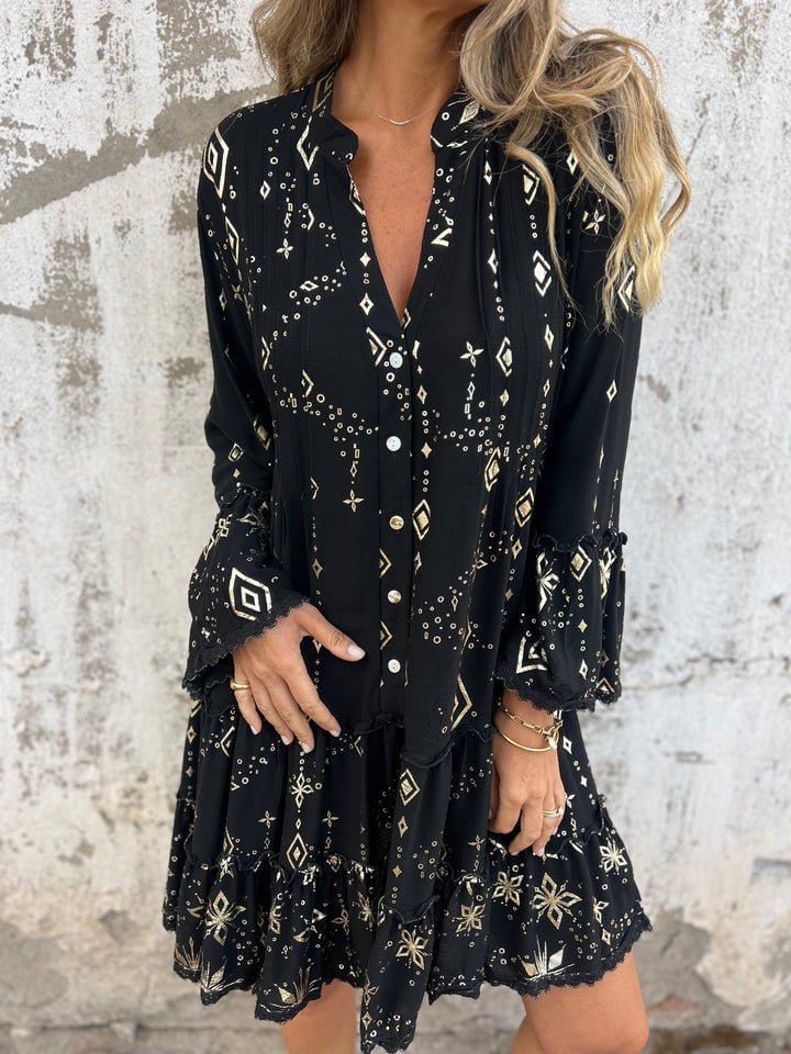 Willow | Vestito midi boho a balze con scollo a V da donna con dettagli dorati