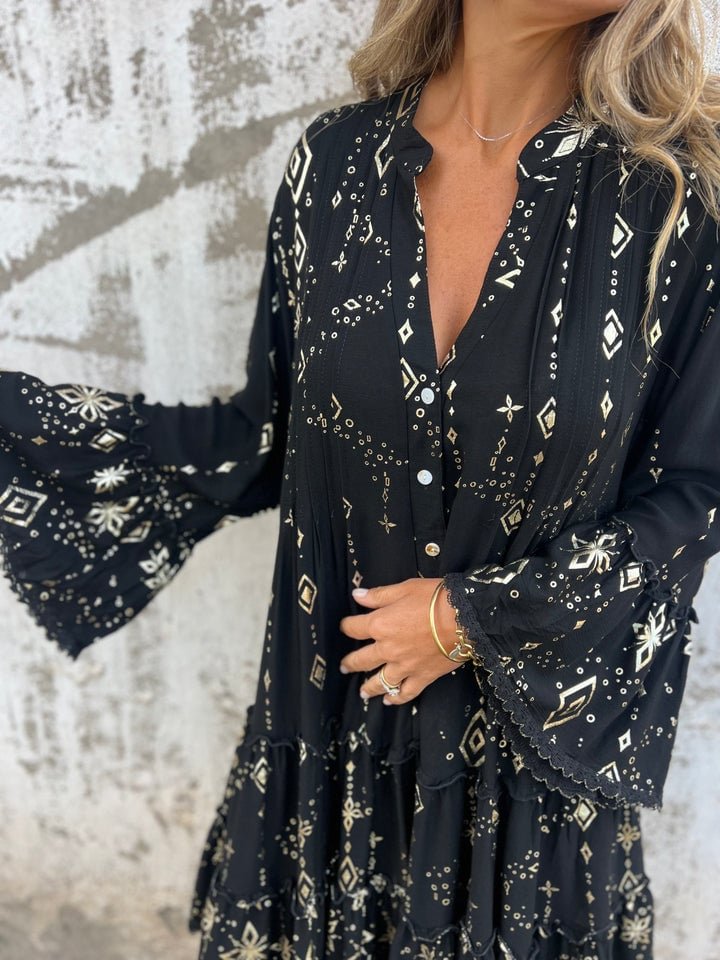 Willow | Vestito midi boho a balze con scollo a V da donna con dettagli dorati
