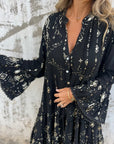 Willow | Vestito midi boho a balze con scollo a V da donna con dettagli dorati