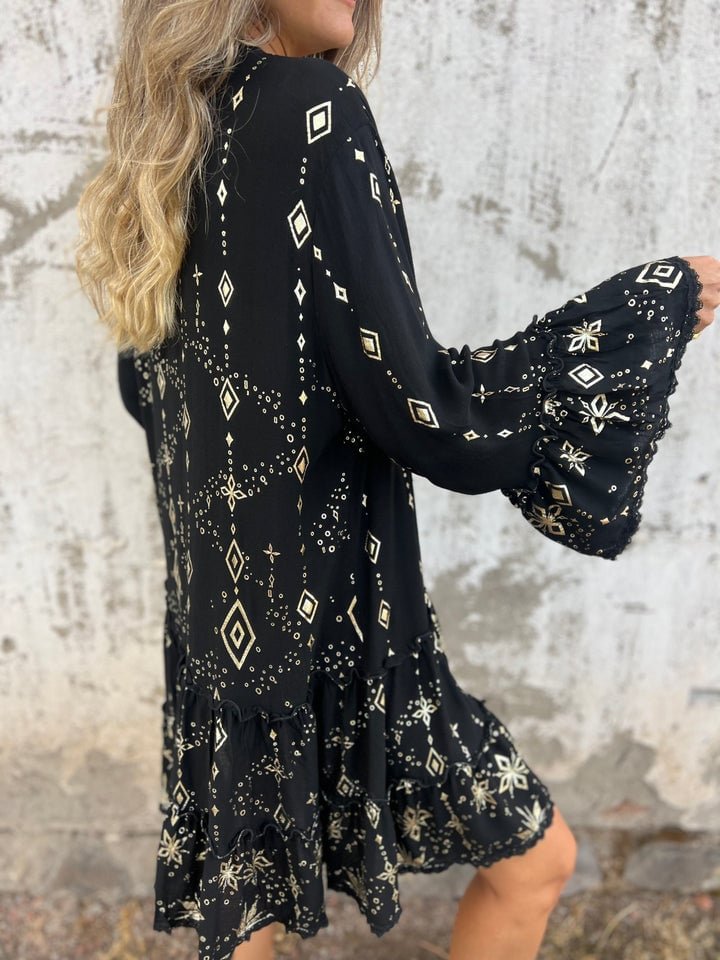 Willow | Vestito midi boho a balze con scollo a V da donna con dettagli dorati