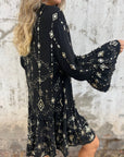 Willow | Vestito midi boho a balze con scollo a V da donna con dettagli dorati
