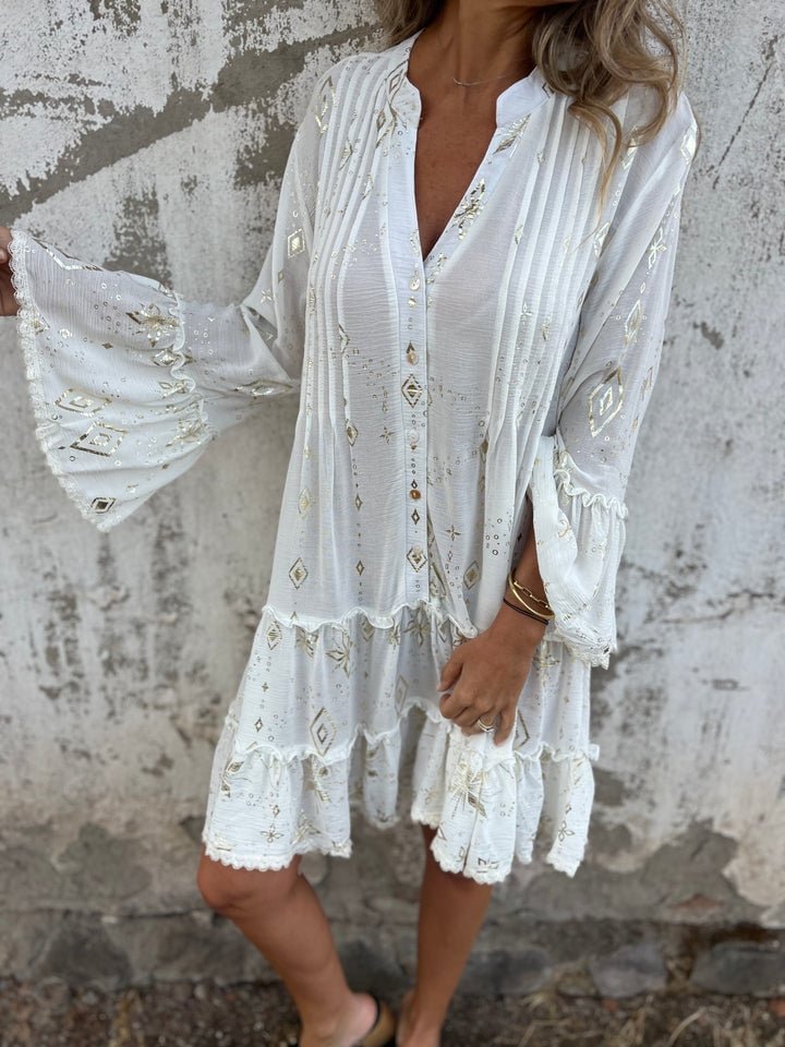 Willow | Vestito midi boho a balze con scollo a V da donna con dettagli dorati