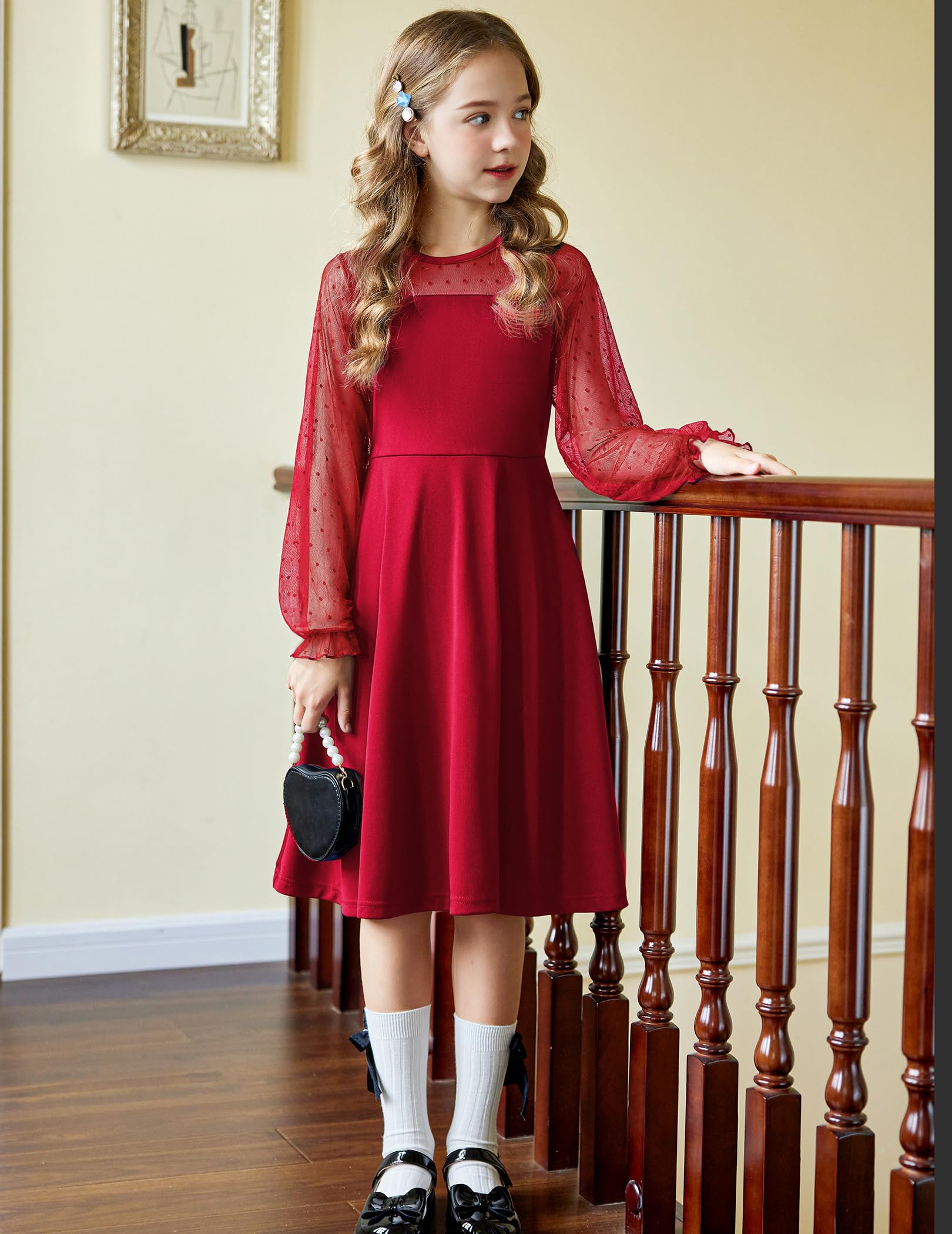 Vestito Aishi per Ragazza – Maniche Lunghe in Mesh, Taglio A-Line e Vita Alta con Tasche