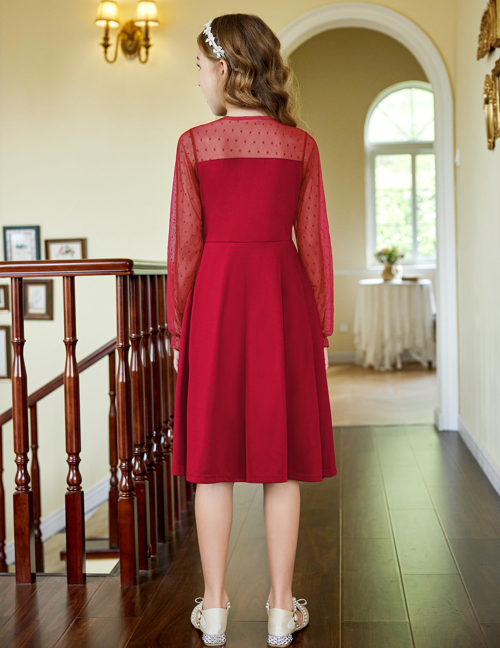 Vestito Aishi per Ragazza – Maniche Lunghe in Mesh, Taglio A-Line e Vita Alta con Tasche