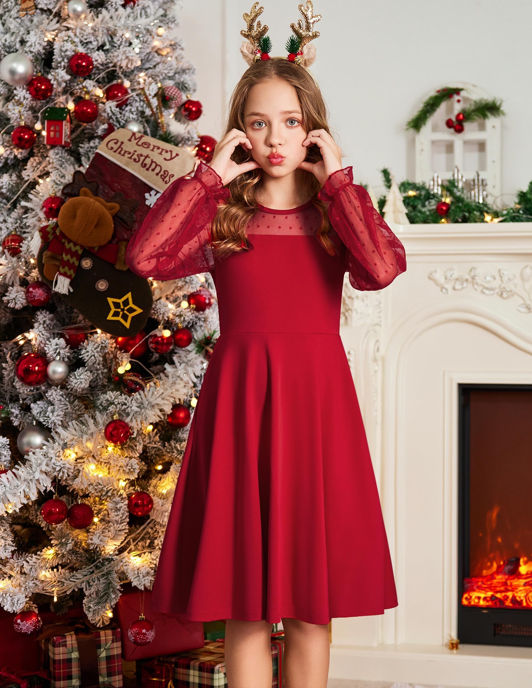 Vestito Aishi per Ragazza – Maniche Lunghe in Mesh, Taglio A-Line e Vita Alta con Tasche