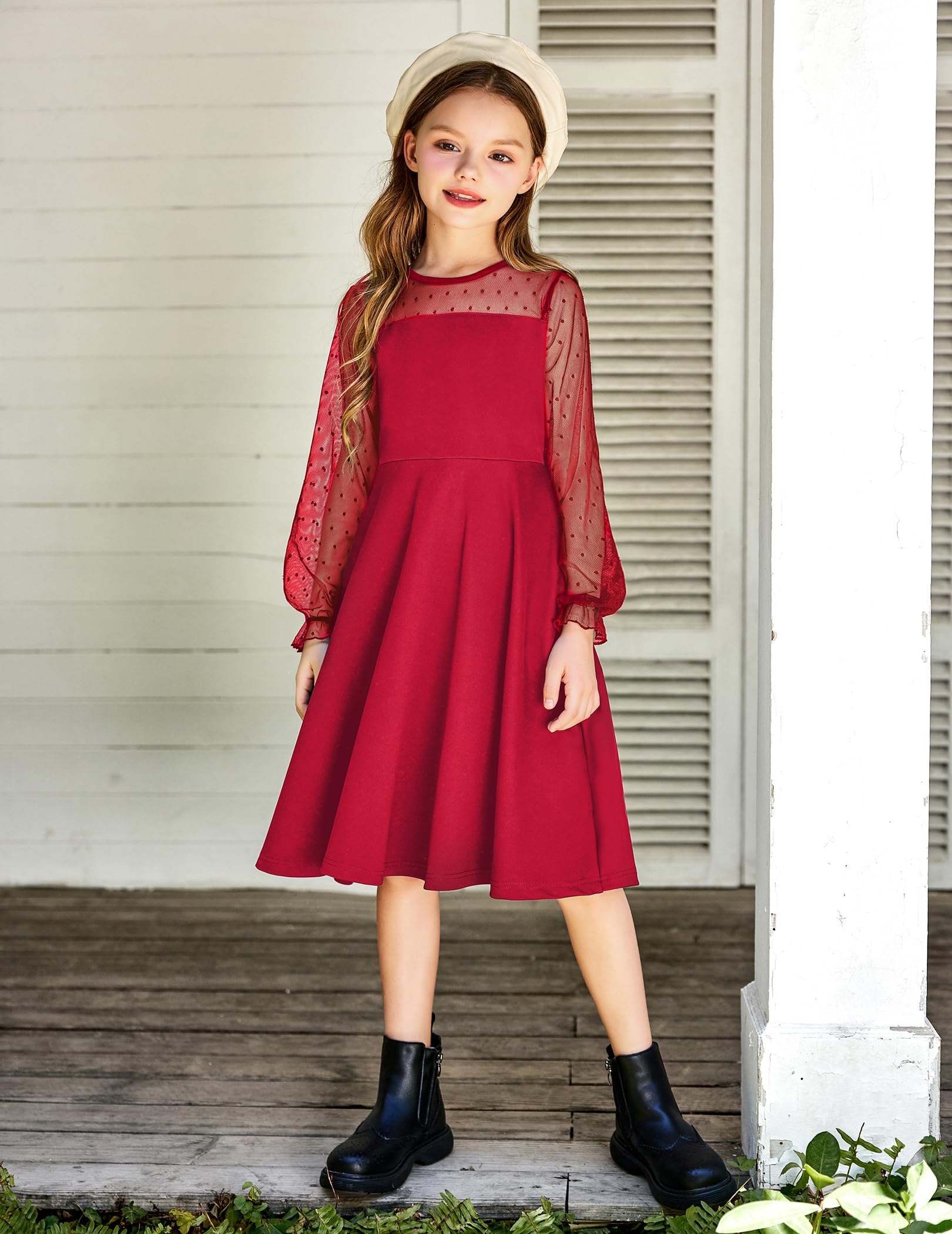 Vestito Aishi per Ragazza – Maniche Lunghe in Mesh, Taglio A-Line e Vita Alta con Tasche