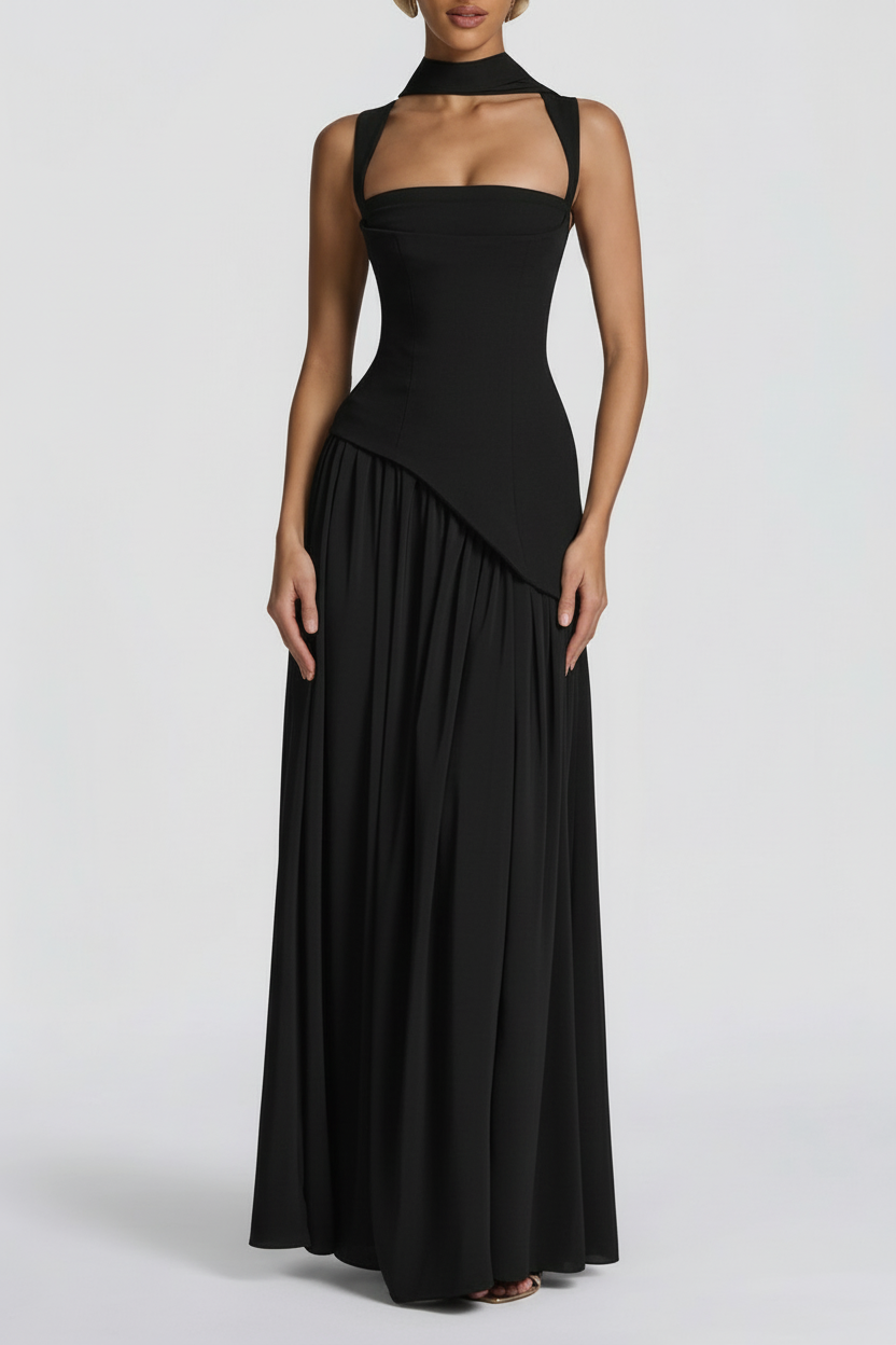 Abito maxi nero indossato, vista completa