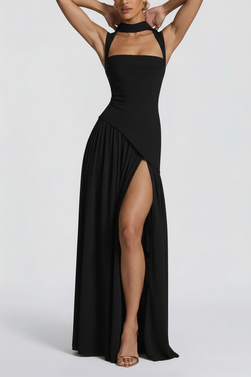 Abito lungo donna in maglia nero, scollo rotondo — vista 4