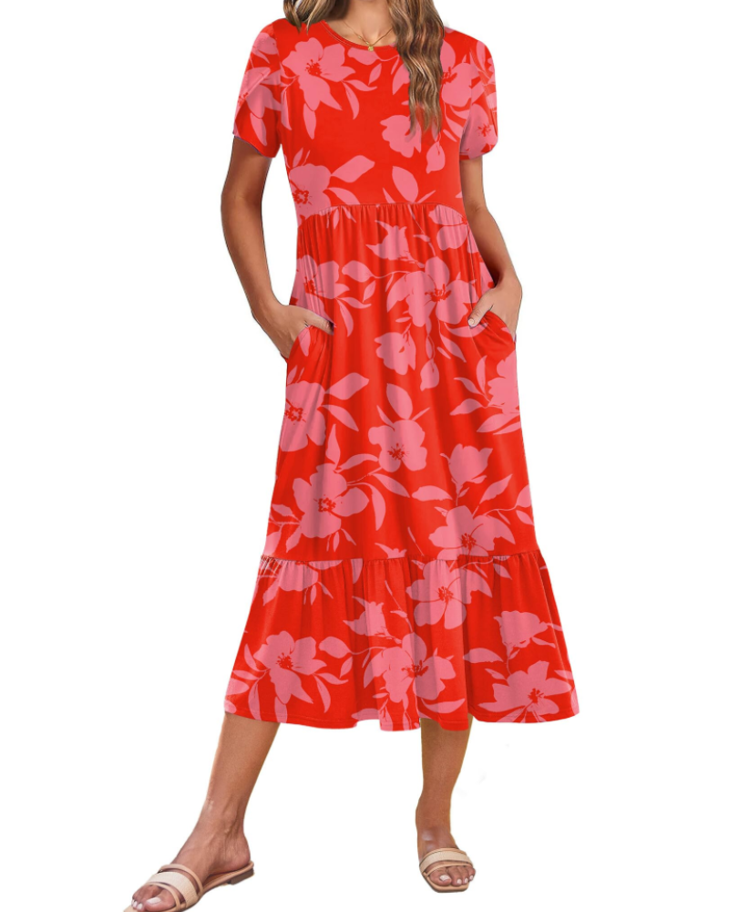 Vestito Midi Emily da Donna con Volant – Abito Estivo Svasato a Vita Alta con Tasche
