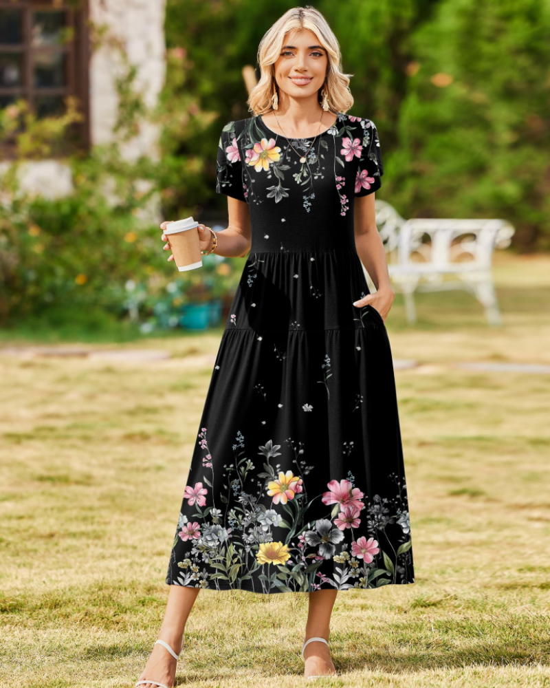 Abito Maxi Bohemien Olivia da Donna – Abito Lungo Floreale con Taglio A e Tasche