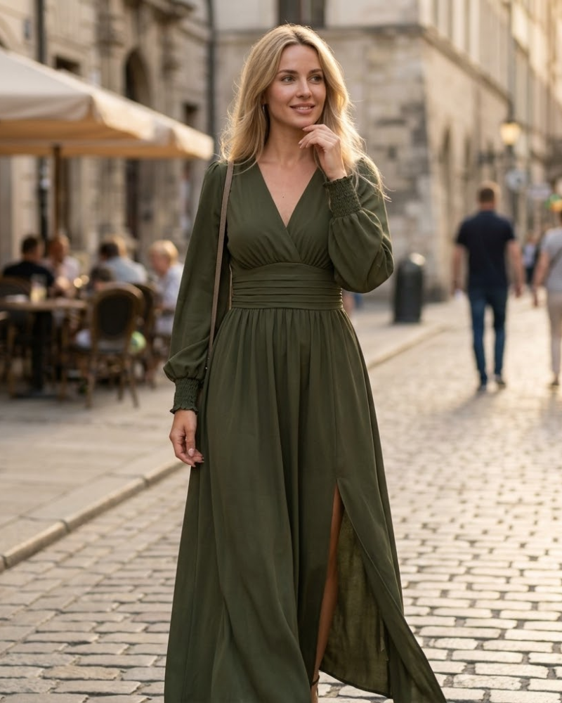 Éliana Abito Lungo Donna – Abito Elegante con Scollo a V, Vita Alta e Maniche a Lanterna