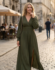 Éliana Abito Lungo Donna – Abito Elegante con Scollo a V, Vita Alta e Maniche a Lanterna