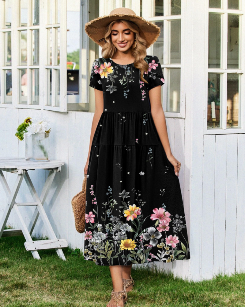 Abito Maxi Bohemien Olivia da Donna – Abito Lungo Floreale con Taglio A e Tasche