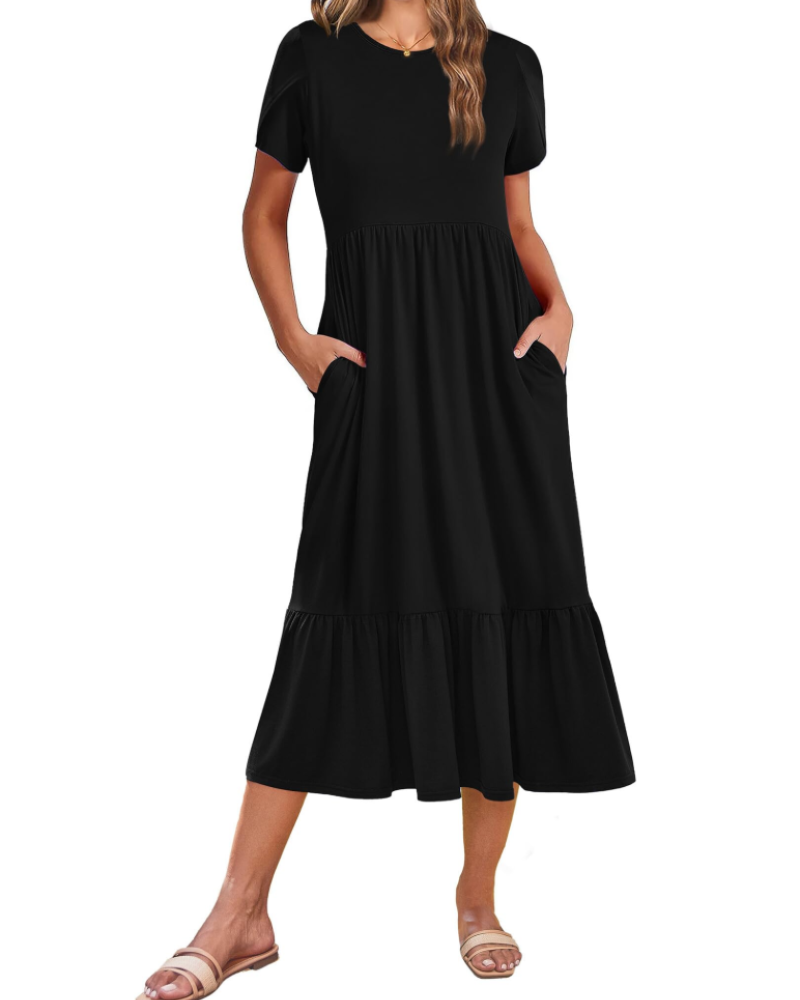 Vestito Midi Emily da Donna con Volant – Abito Estivo Svasato a Vita Alta con Tasche