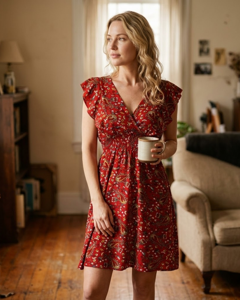Chloé Abito Mini Donna – Abito in Mussola Floreale con Scollo a V, Volant e Senza Maniche