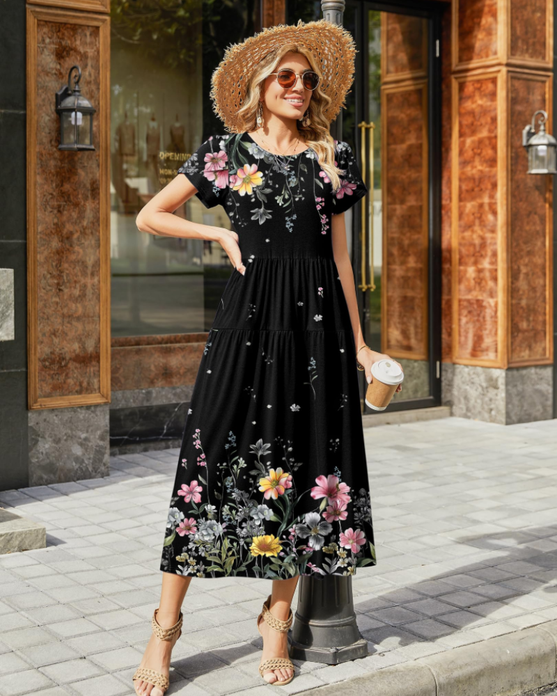 Abito Maxi Bohemien Olivia da Donna – Abito Lungo Floreale con Taglio A e Tasche