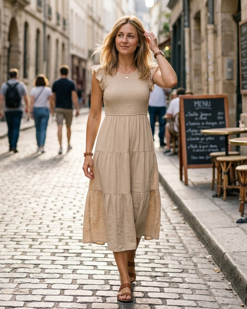 Clara Vestito Midi Donna – Vestito Estivo Scollo a V Arricciato con Volant e Tasche Elegante
