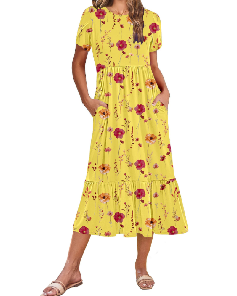 Vestito Midi Emily da Donna con Volant – Abito Estivo Svasato a Vita Alta con Tasche