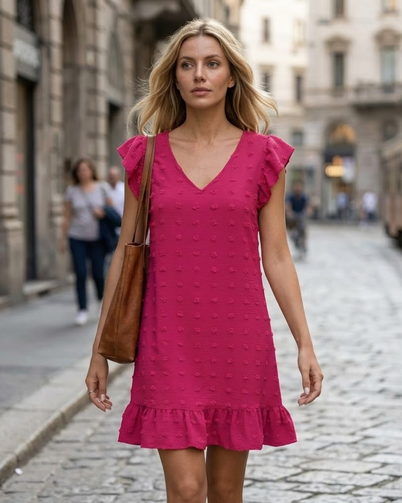 Chloé Abito Donna – Abito Midi Scollo a V Maniche Corte Volant Taglio A-Line Estate