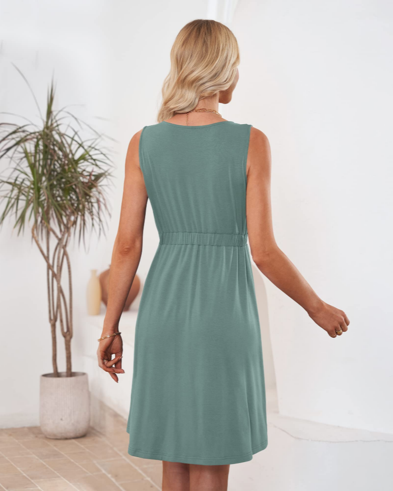 Mila Abito Donna Senza Maniche – Abito A Trapezio con Scollo a V e Tasche per l’Estate