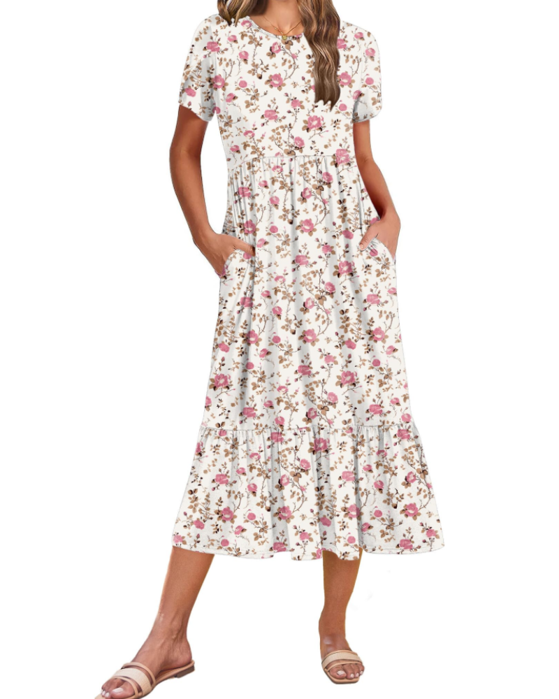Vestito Midi Emily da Donna con Volant – Abito Estivo Svasato a Vita Alta con Tasche