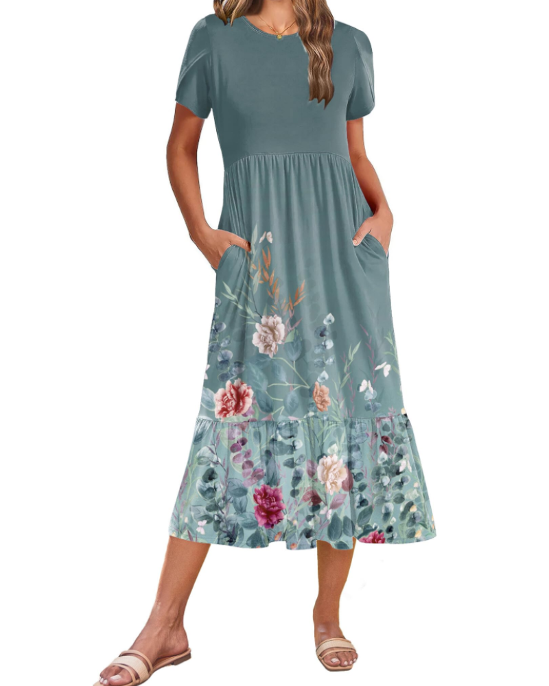 Vestito Midi Emily da Donna con Volant – Abito Estivo Svasato a Vita Alta con Tasche