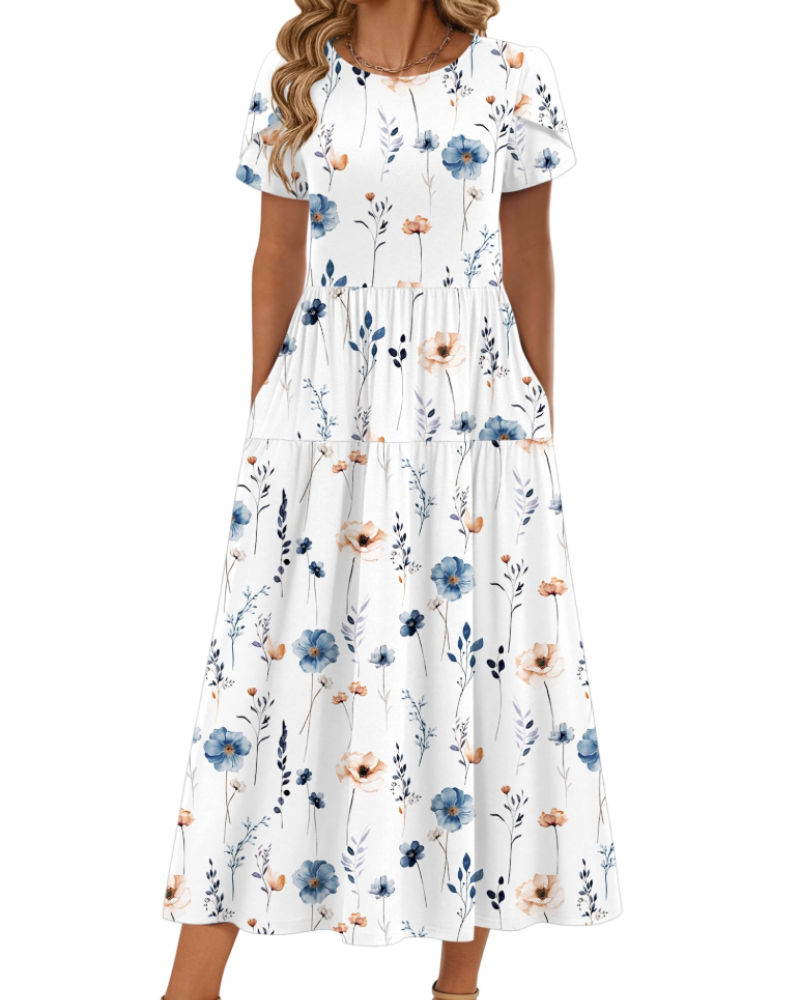 Abito Maxi Bohemien Olivia da Donna – Abito Lungo Floreale con Taglio A e Tasche