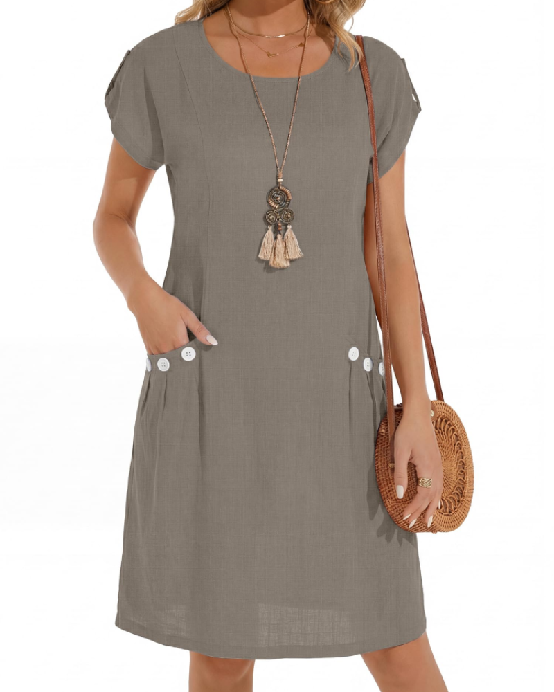 Joyce Vestito Lin Femme – Vestito Midi A-Line Collo Tondo Tasche Estate Casual