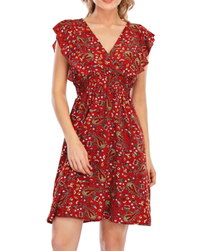 Vestito Mini Ada da Donna – Mousseline Floreale con Scollo a V e Volant Rosso