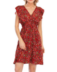 Vestito Mini Ada da Donna – Mousseline Floreale con Scollo a V e Volant Rosso