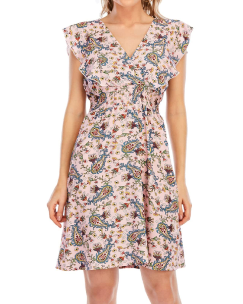 Abito Mini Celeste da Donna – Mousseline Floreale con Scollo a V e Volant Rosa