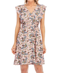 Abito Mini Celeste da Donna – Mousseline Floreale con Scollo a V e Volant Rosa