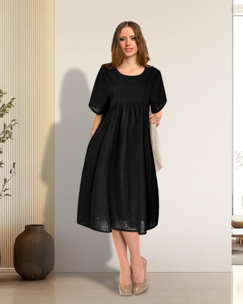 Sophie Abito Midi Donna – Abito Cotone Taglia Grande Collo Tondo con Tasche Estate