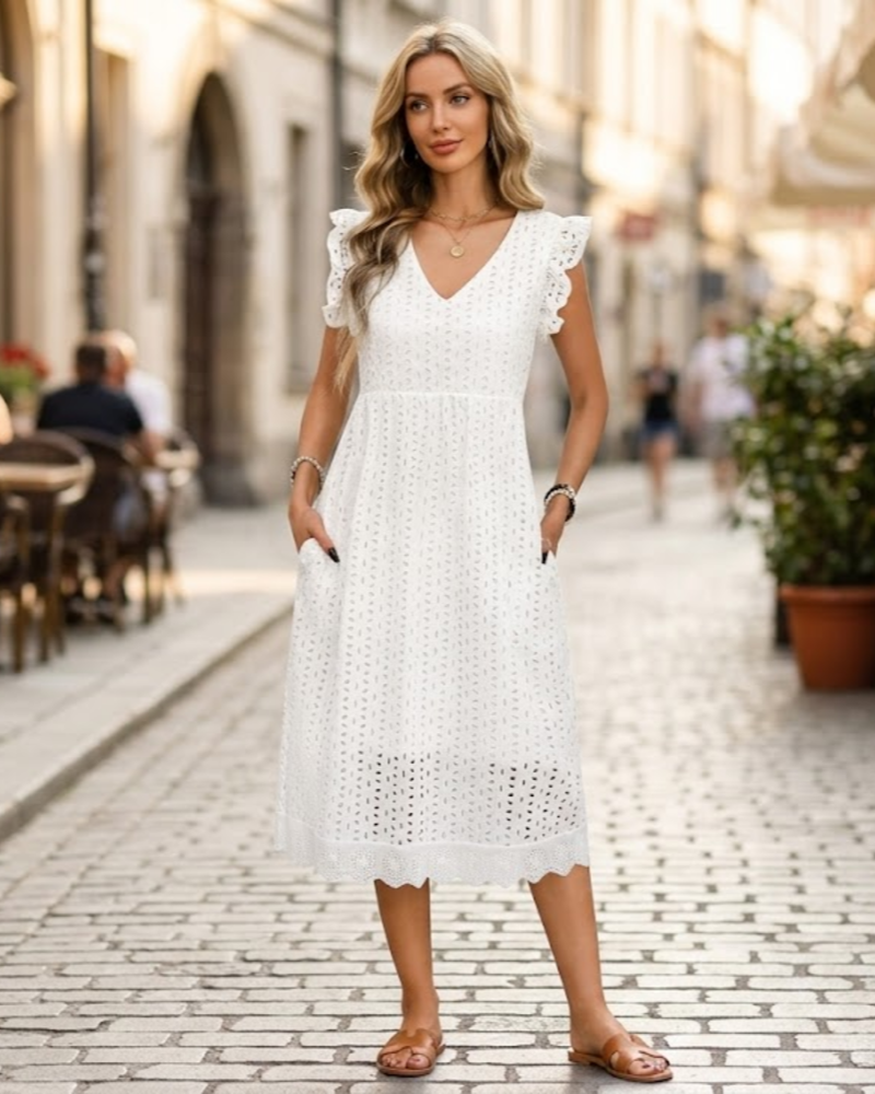 Abito Midi da Donna Abigail – Cotone con Scollo a V, Volant e Tasche